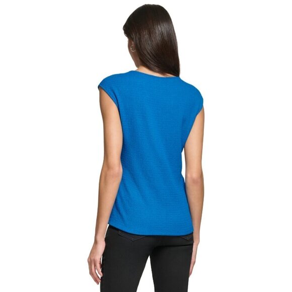 CALVIN KLEIN Cap Sleeve Pleated V-Bodice Textured Blue Blouse NWT - Picture 3 of 6